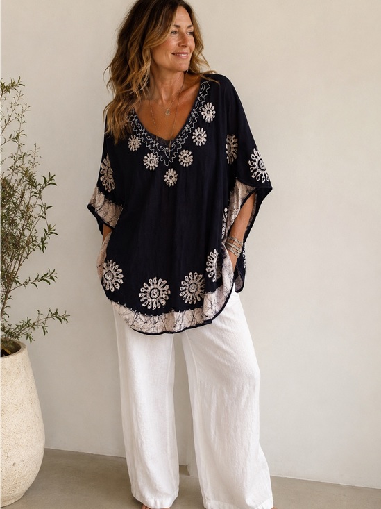 Ruby’n Style Tops - Ruby’n Style Artisan Embroidered Batik Tunic Caftan Top Boho Resort Oversized